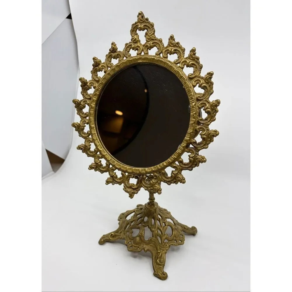 Vintage Ornate Brass Standing Adjustable Swivel Makeup Vanity Mirror Frame Swive